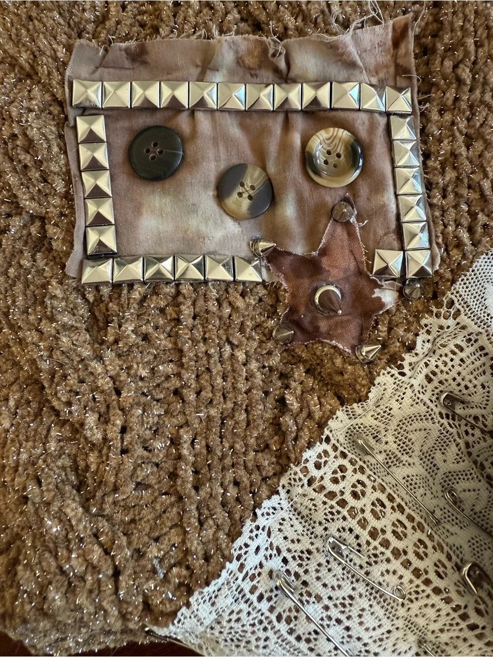 Handmade Brown Metallic Yarn Crochet Tote Bag with Lace Accent & Wallet